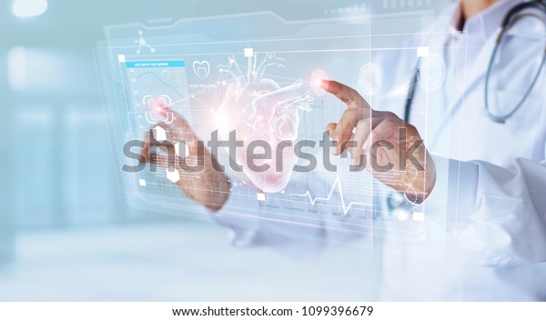 Medicine\
doctor and stethoscope touching icon heart and diagnostics analysis\
medical on modern virtual screen interface network connection.\
Medical technology diagnostics of heart \
concept
