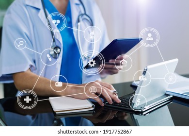 Medicine Doctor And Stethoscope Using Tablet With Icon Medical Network Connection On Virtual Modern Medical Technology Concept.