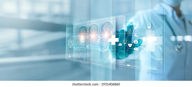Medicine doctor touching and diagnose electronic medical record of patient on interface. DNA. Digital healthcare and network on modern virtual screen, medical technology and futuristic concept.