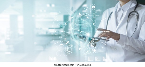 Medicine doctor touching electronic medical record on tablet. DNA. Digital healthcare and network connection on hologram modern virtual screen interface, medical technology and futuristic concept. - Shutterstock ID 1463056853
