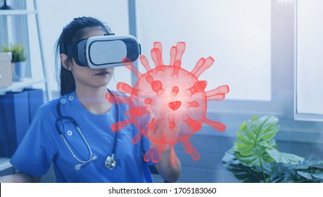 Medicine Doctor Touching Electronic Medical Coronavirus Record On Virtual Reality Technology Support For Medical Education.Virus RNA. Digital Healthcare Network Connection On Hologram Concept