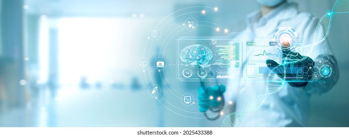 Medicine doctor touching electronic medical record on virtual screen, Brain Analysis, DNA. Digital healthcare and network connection on modern interface, medical technology and futuristic concept. - Shutterstock ID 2025433388