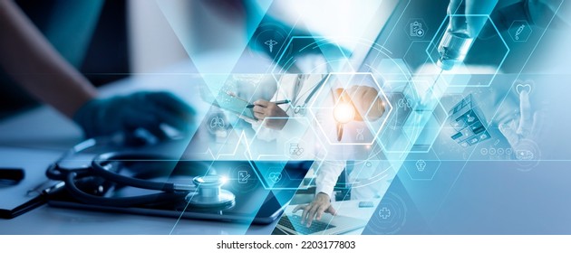 Medicine doctor touching electronic medical record on laptop. Digital healthcare and network connection, Data analysis, Professional doctor working in hospital, Medical technology of futuristic. - Shutterstock ID 2203177803