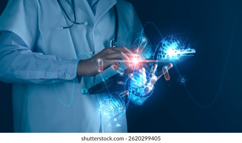 Medicine doctor touching electronic medical record with intelligence software AI, DNA, Digital healthcare and network connection on hologram modern virtual screen, medical telemedicine technology