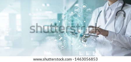 Medicine doctor touching electronic medical record on tablet. DNA. Digital healthcare and network connection on hologram modern virtual screen interface, medical technology and futuristic concept.