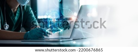 Medicine doctor touching electronic medical record on laptop. Neurology, Brain, DNA. Digital healthcare and network connection on hologram modern interface, Medical technology and futuristic concept.