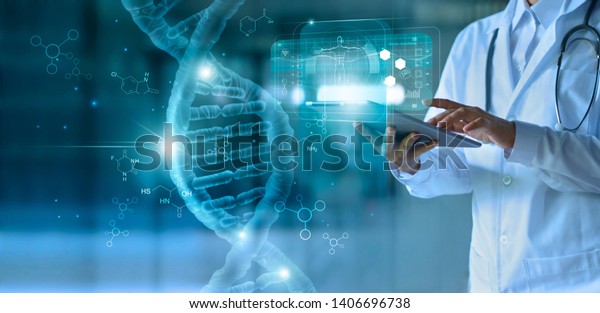 Medicine doctor touching electronic medical\
record on tablet. DNA. Digital healthcare and network connection on\
hologram modern virtual screen interface, medical technology and\
network concept.