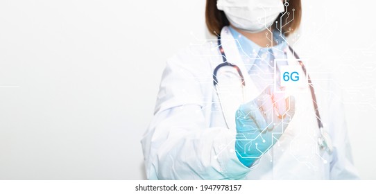 Medicine Doctor Touching Illustration 6G Artificial Intelligence Technology And Network Connection And Hologram Modern Virtual Screen Interface Icons Concept For Comunication