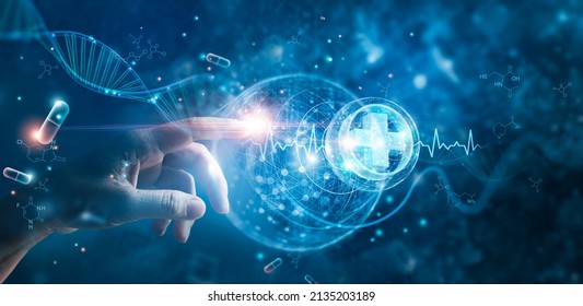 Medicine doctor touching medical global network, Computing electronic medical record. DNA. Digital healthcare and network connection on virtual interface, medical technology and innovation concept - Shutterstock ID 2135203189