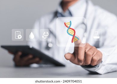 Medicine doctor touching virtual DNA touch on interface for presenting DNA molecule research. human biology, genetic research, science with molecules and atoms. - Powered by Shutterstock