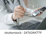Medicine doctor use laptop to review patient medical records on virtual screens for digital healthcare. Review medical reports carefully and diagnose illnesses for an effective treatment plan.