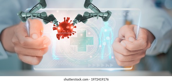Medicine Doctor Use Smart Visual Tablet, Research Analysis Coronavirus, Covid 19, Concept Medical Biology Laboratory, Science Using Robot, Artificial Intelligence Or AI Analyze Viral DNA, High Technology 
