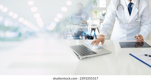 Medicine doctor using computer laptop show virtual electronic medical record for medical technology and  futuristic healthcare Innovation concept. - Powered by Shutterstock