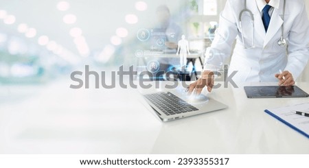Medicine doctor using computer laptop show virtual electronic medical record for medical technology and  futuristic healthcare Innovation concept.