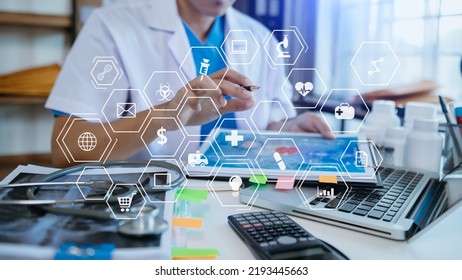 Medicine Doctor Woman Hand Working With  Computer Virtual Dashboard As Medical Network Concept Health Care And Medical. With VR Icon