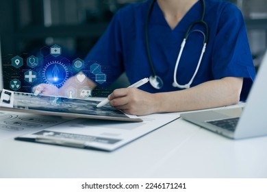 Medicine doctor working with digital medical interface icons, Medical technology and network concept. - Shutterstock ID 2246171241