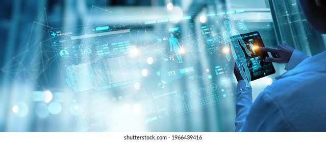 Medicine doctor working digital tablet for medical record of patient on interface. DNA.medical technology and futuristic concept.Digital healthcare and network on modern virtual screen. - Shutterstock ID 1966439416