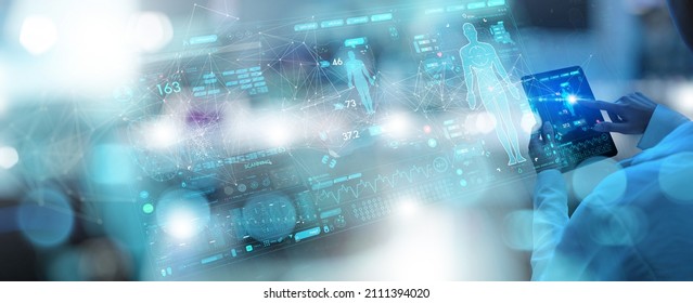 Medicine doctor working digital tablet for medical record of patient on interface. DNA.medical technology and futuristic concept.Digital healthcare and network on modern virtual screen. - Shutterstock ID 2111394020