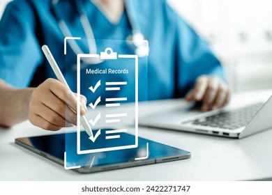 Medicine doctors inspect electronic medical records on tablets. Digital healthcare and network connection virtual screen interface, insurance, Medical Document Management System online - Powered by Shutterstock