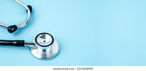 Medicine equipment stethoscope or phonendoscope isolated on trendy pastel blue background. - Shutterstock ID 2311818909