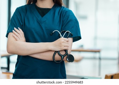 Medicine female doctor with stethoscope standing in hospital.Health care and medical concept. - Shutterstock ID 2255949683