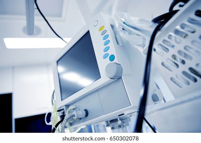 Medicine, Health Care, Emergency And Medical Equipment Concept - Extracorporeal Life Support Machine At Hospital Ward Or Operating Room