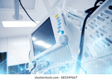 Medicine, Health Care, Emergency And Medical Equipment Concept - Extracorporeal Life Support Machine At Hospital Ward Or Operating Room