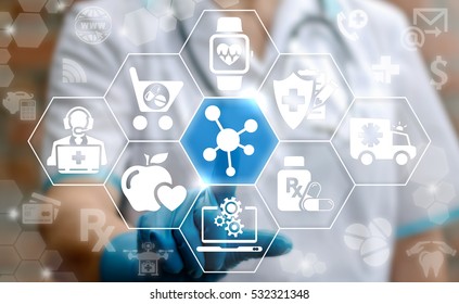 Medicine Health Care Science Modeling Computing Modernization Web Concept. Doctor Presses Atom Button On Virtual Screen On Background Of Cloud Medical Healthcare Insurance Medical Icon