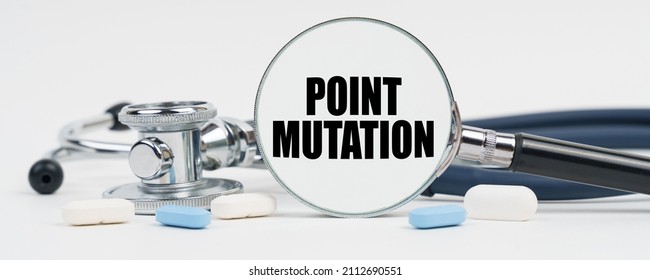 Medicine And Health Concept. On A White Surface Are Pills, A Stethoscope And A Magnifying Glass Inside Which Is Written - Point Mutation