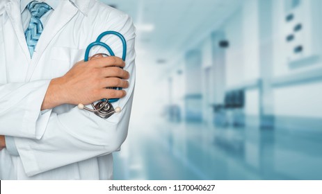 Medicine and healthcare concept. Doctor with stethoscope in clinic, close-up