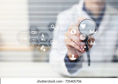 Medicine And Healthcare Concept. Medical Doctor Working With Modern Pc. Electronic Health Record. EHR, EMR.