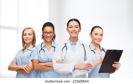 Medicine And Healthcare Concept - Team Or Group Of Female Doctors And Nurses