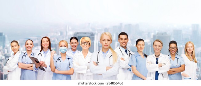 Medicine And Healthcare Concept - Team Or Group Of Doctors And Nurses