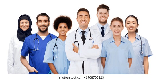 Medicine, Healthcare And People Concept - International Group Of Happy Smiling Doctors Over White Background