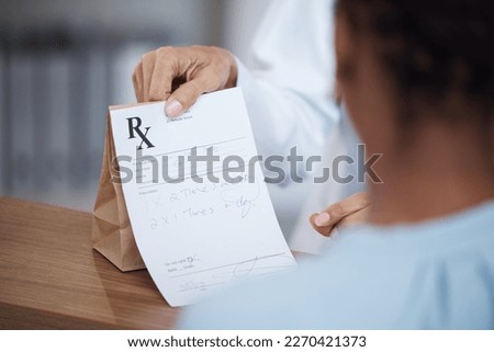 Medicine, healthcare and woman with a prescription from doctor for medication and instructions. Medical, reading and pharmacist giving a patient a paper with information on pills and antibiotics