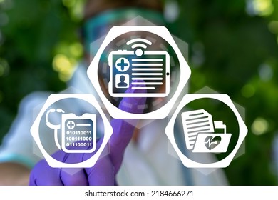 Medicine, Information Technology, Healthcare Concept. Doctor Using Virtual Touchscreen Presses Icon Of Tablet Mobile Computer. EMR Electronic Medical Record. Electronic Patient History. EHR.