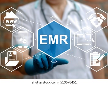 Medicine, Information Technology, Healthcare Concept - Doctor Presses Emr Acronym Word. Electronic Medical Records Service, Support. Nurse Touched Emr Sign. Medical, Treatment, Application, Insurance.