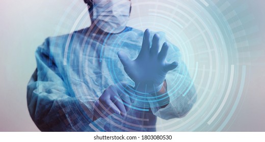 Medicine And Innovative Technologies Concept. Doctor In Surgical Mask Putting On Protective Gloves, Hologram Circles