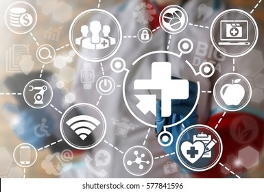 Medicine Integration IoT Automation Computer Health Care Web Concept. Healthy Big Data Ai Computing Modernization Medical Engineering Internet Of Thing Information Technology. Medical Cross Arrow Icon