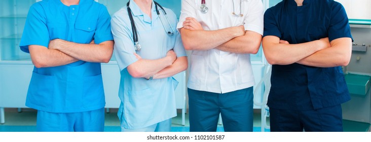 medicine. male people - doctor, nurse and surgeon. a group of faceless doctors. medical advertisement design. background wide promotional banner