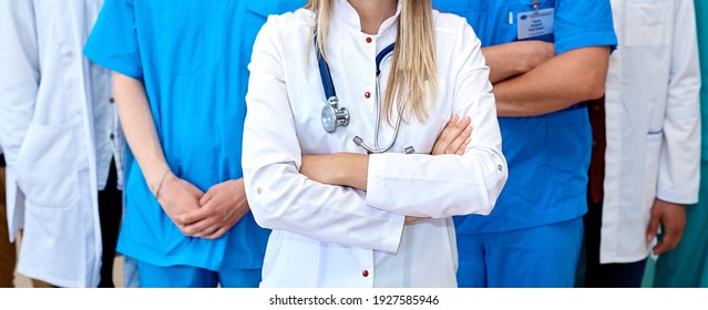 Medicine. Male People - Doctor, Nurse And Surgeon. A Group Of Faceless Doctors. Medical Advertisement Design. Background Wide Promotional Banner.