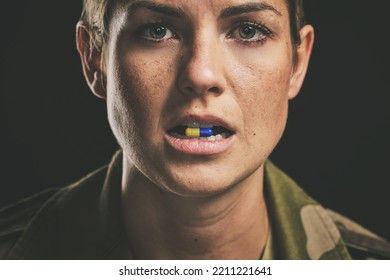 Medicine, medical drugs and military woman with tablet in mouth for ptsd, depression or anxiety against black studio background. Portrait of a soldier with pills for stress and mental health - Shutterstock ID 2211221641