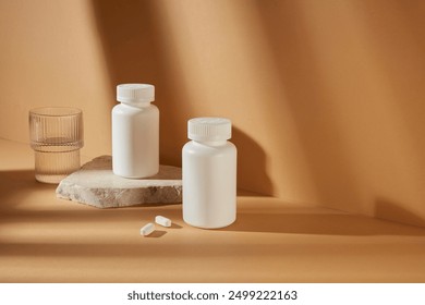 Medicine mockup for promotion, two white unbranded medicine bottle featured on brown background with a glass of water beside. Blank space for adding elements of designing, high angle shot