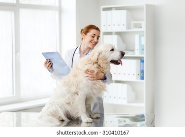 Medicine, Pet, Animals, Health Care And People Concept - Happy Veterinarian Or Doctor With Golden Retriever Dog And Clipboard At Vet Clinic