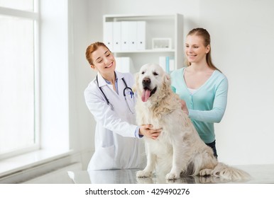 medicine, pet, animals, health care and people concept - happy woman with golden retriever dog and veterinarian doctor at vet clinic - Shutterstock ID 429490276