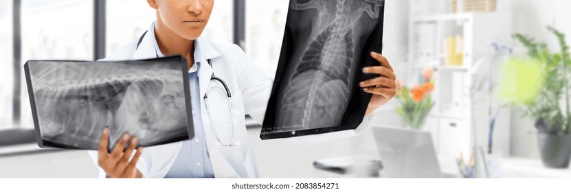 Medicine, Pet And Healthcare Concept - Female Veterinarian Doctor Looking At Animal's X-ray Over Vet Clinic Office Background