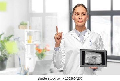 Medicine, Pet And Healthcare Concept - Veterinarian Doctor Showing Animal's X-ray On Tablet Pc Computer Over Vet Clinic Office Background