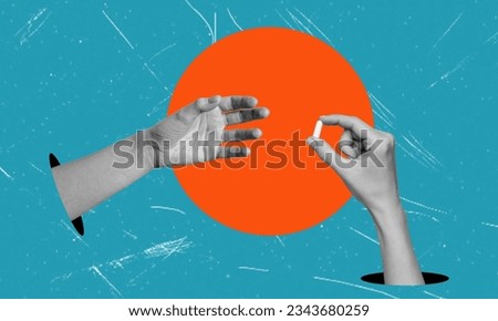 Medicine, pharmacology, drugs. Art collage, hand reaching for pill on blue background. Concept of health and medicine.