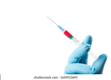 Medicine Plastic Vaccination Equipment With Needle In Doctor Or Nurse Hand Isolated On White Background. Health Care Concept. Hand Holding Syringe And Vaccine. Injection Syringe Isolated.