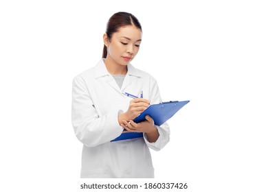 Medicine, Profession And Healthcare Concept - Asian Female Doctor Or Scientist In Lab Coat With Clipboard And Pen Over White Background